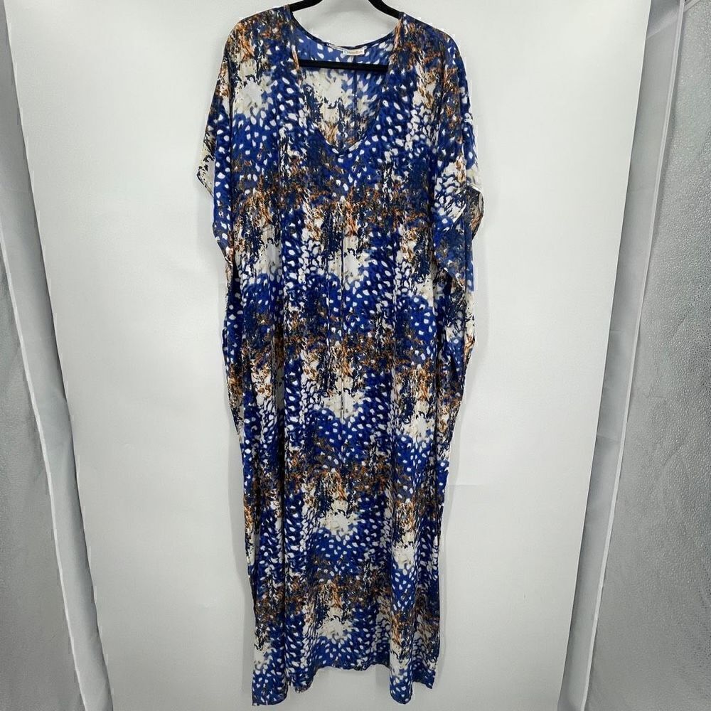 Rubber Ducky Women's Blue Gold White Abstract Tie Dye Kaftan Dress One Size